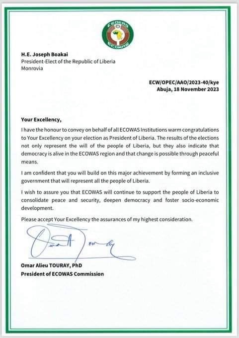 Letter of thanks from Liberian President Elect.